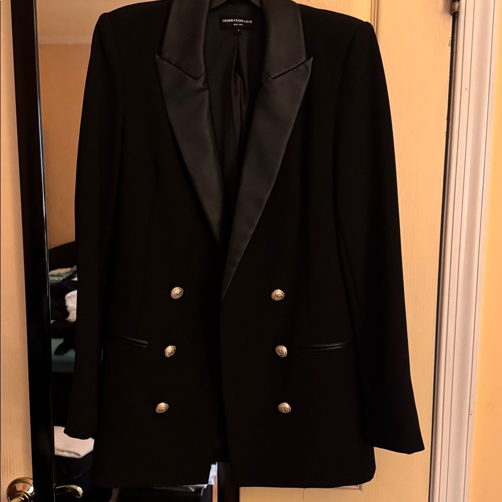 Generation Love fitted blazer with leather collar and gold buttons
